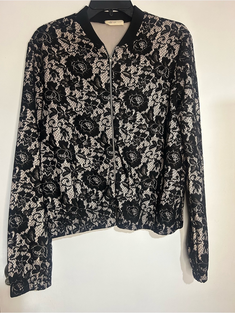 Millibon Black & Cream Lace-Overlay Bomber Jacket